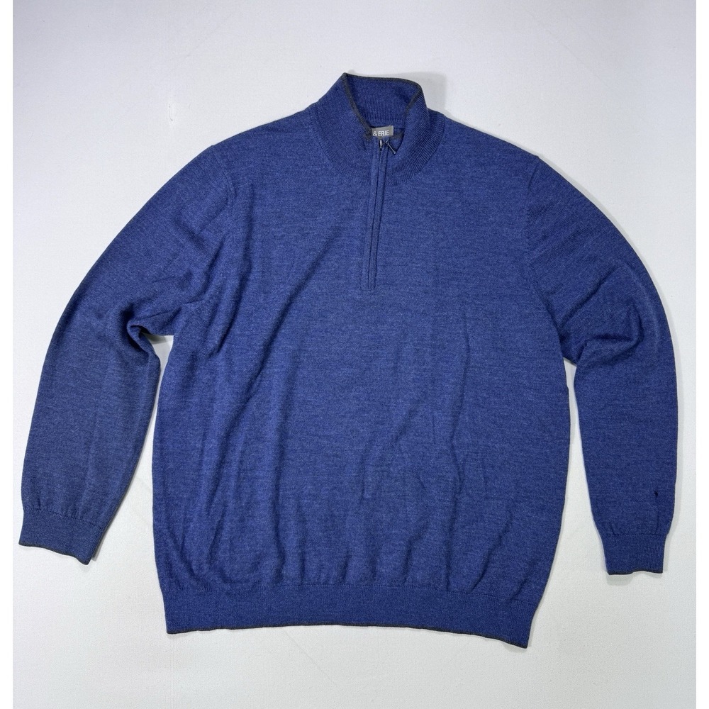 Ash & Erie Men's Large 100% Merino Wool Sweater 1/4 Zip Modern Casual Blue
